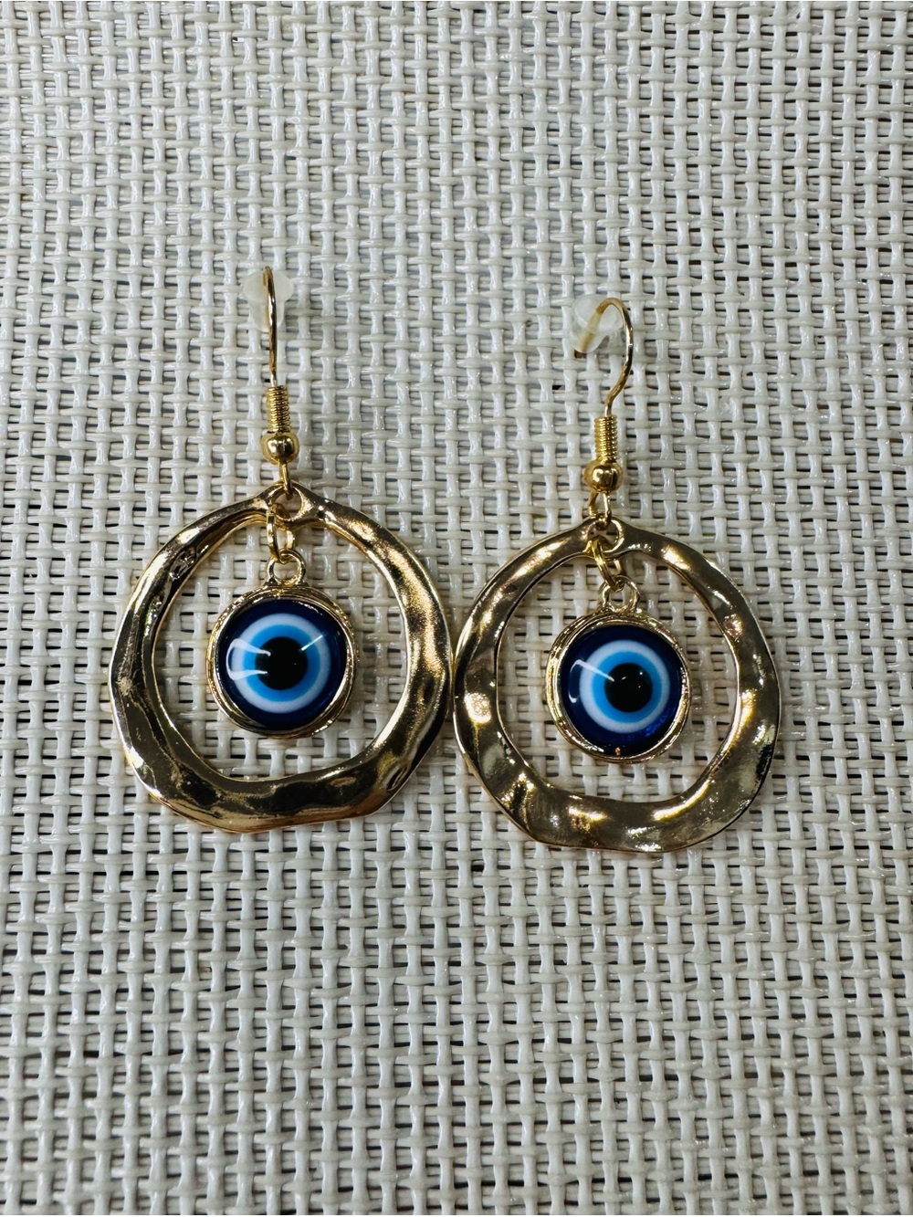 Gold Hoop Earrings with Blue Evil Eye Charm